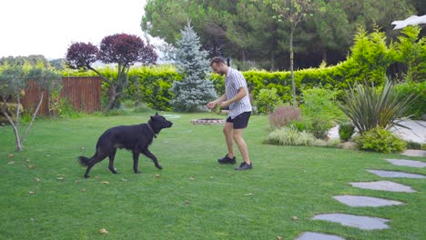 joven jugando con su perro en el jardín de su casa.