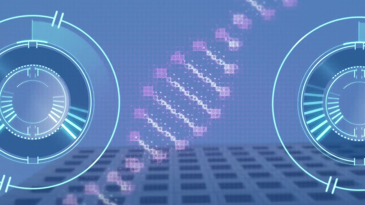 도시 풍경 위의 스 ⁇  스캐닝과 dna 스트랜드의 애니메이션