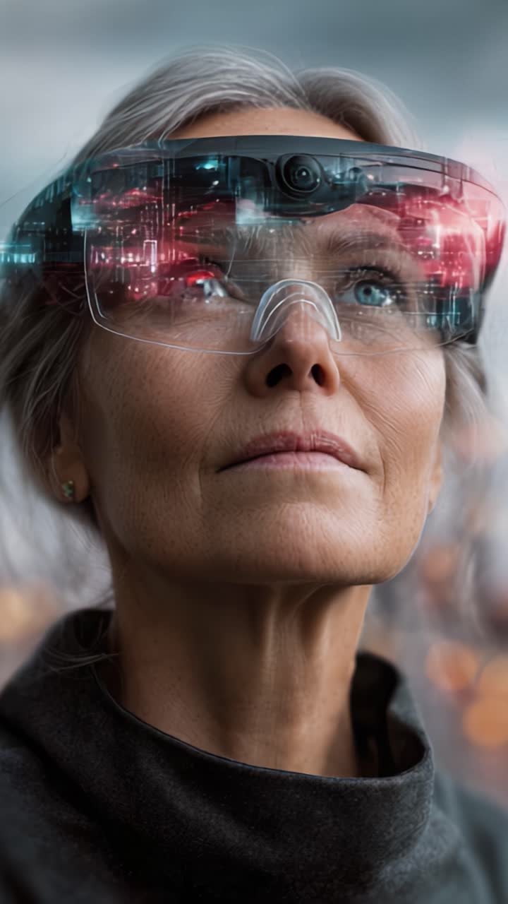 Futuristic Vision: A Woman with Augmented Reality Glasses Observes an Evolving Cityscape Filled with Technological Wonders and Digital Innovations