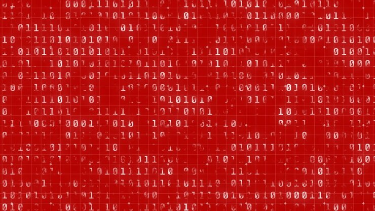 Animation of binary coding and data processing on red background