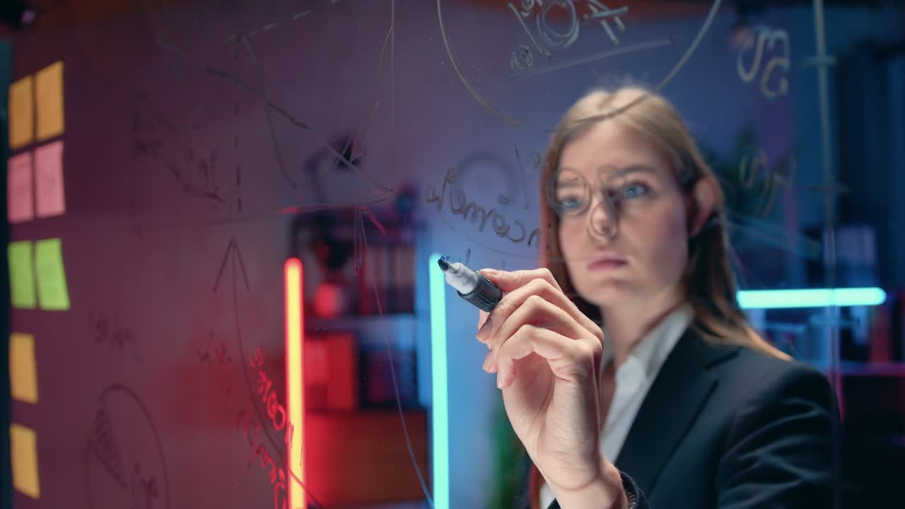 concepto de negocio donde guapa confiada decidida mujer de negocios calificada de pie cerca de la pared de vidrio y escribir en ella notas importantes, trabajar horas extras por la noche en la oficina