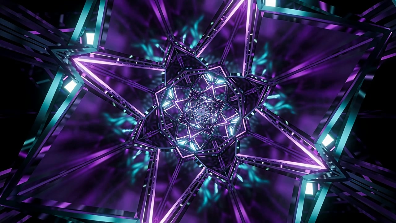 Rotating metal star, viewpoint pulling inward, forming fractal spiral with teal frames in void