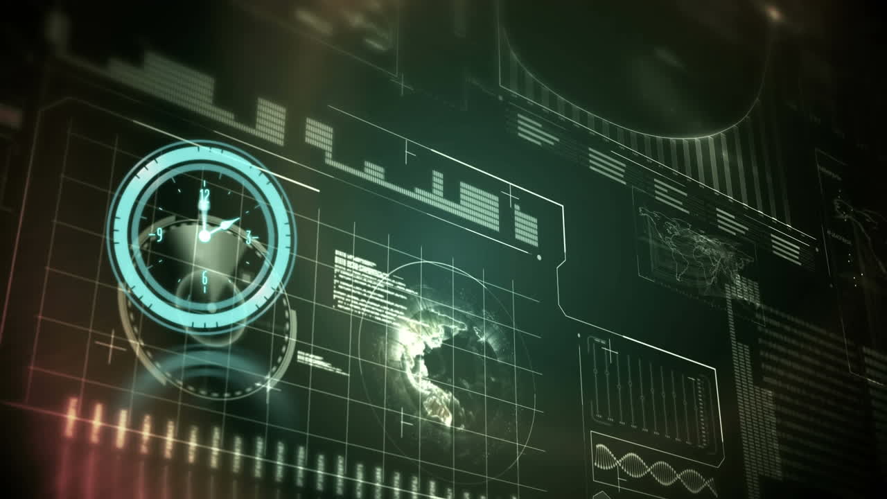 animación de reloj que se mueve rápido y procesamiento de datos con el globo en la pantalla