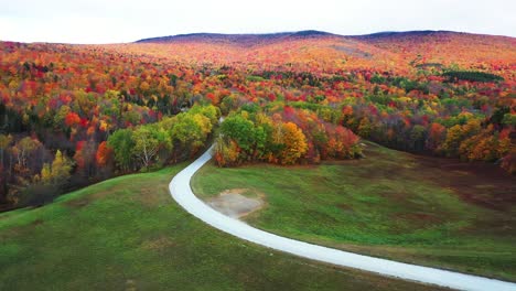 countryside road, green meadows and magical vivid forest with colorful foliage, vermont usa, drone shot