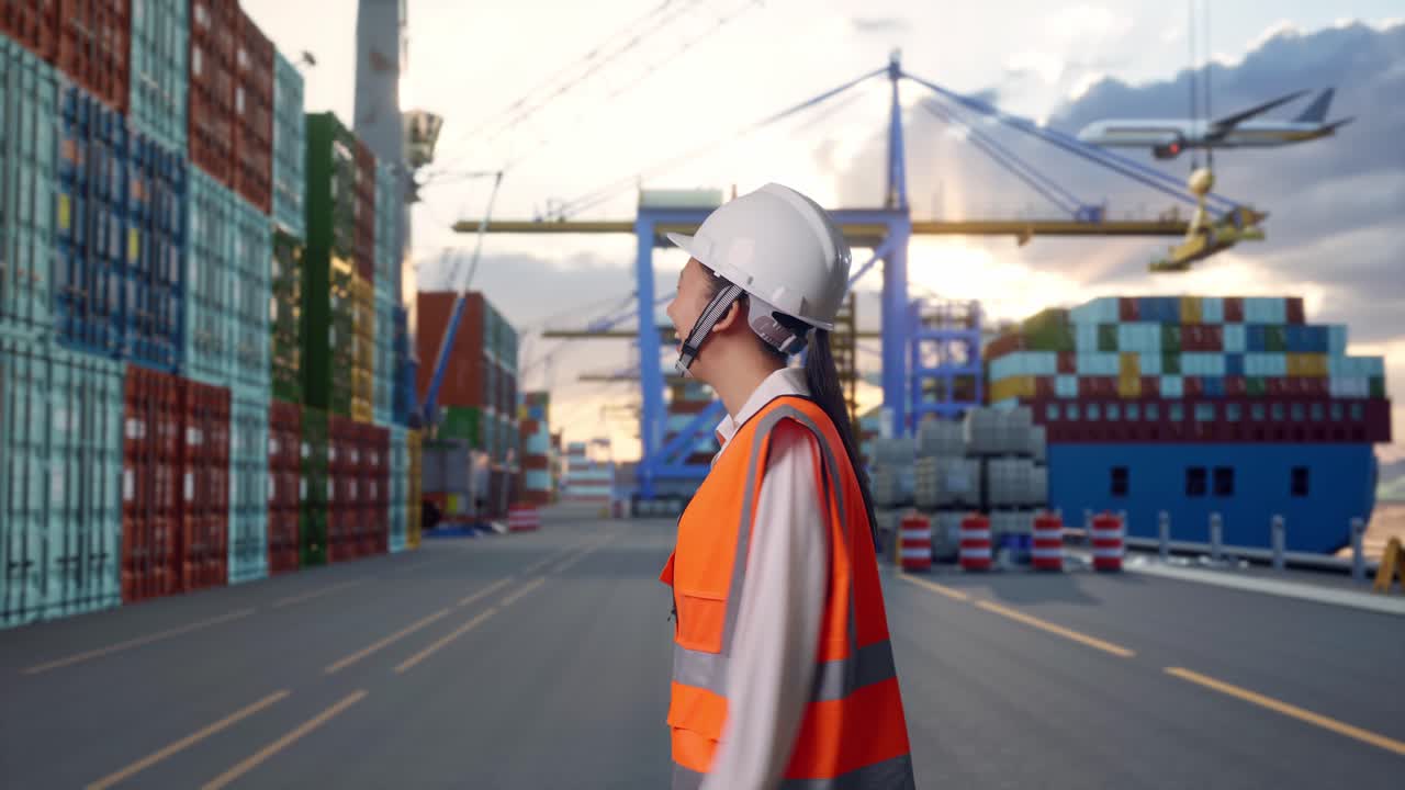 Side View of Asian Female Engineer Waving Hand Saying Bye While Walking at Port with Container Ship and Cranes at Sunset