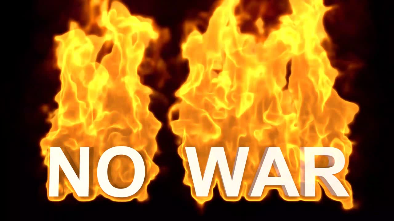 "그는 ""전쟁은 안된다""라는 슬로건을 불에 고 있다. 3d 애니메이션 - 전쟁에 반대한다. 평화를 위한 운동"