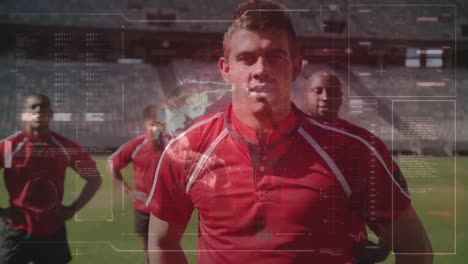 animación del procesamiento de datos durante un partido de rugby en un estadio deportivo