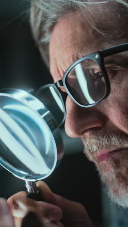 man examining object with magnifying glass