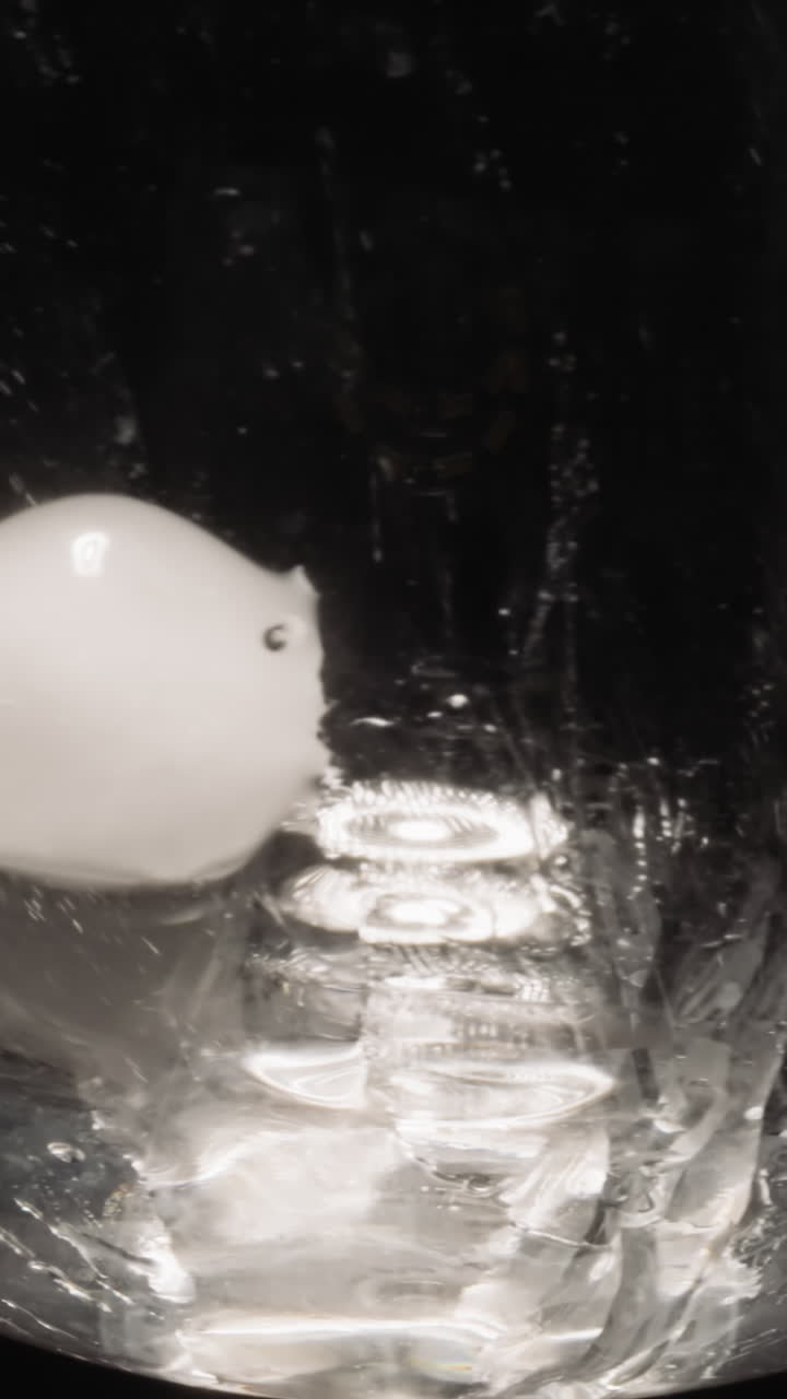 Cold white ice cubes sliding and melting in rotating empty transparent glass at bright studio light. Frozen water in glassware on black background macro