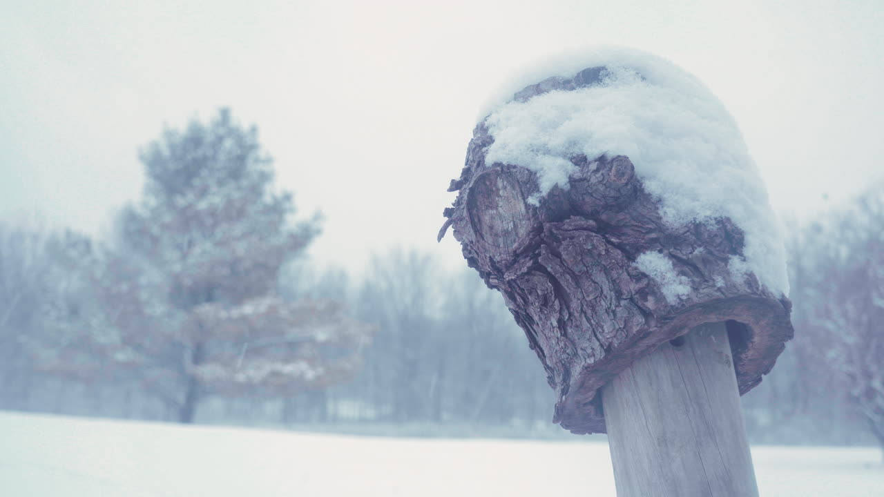 вырубленное дерево на столбе в большом дворе со снегом, покрывающим его, и большое сосновое дерево на заднем плане во время сильного снегопада