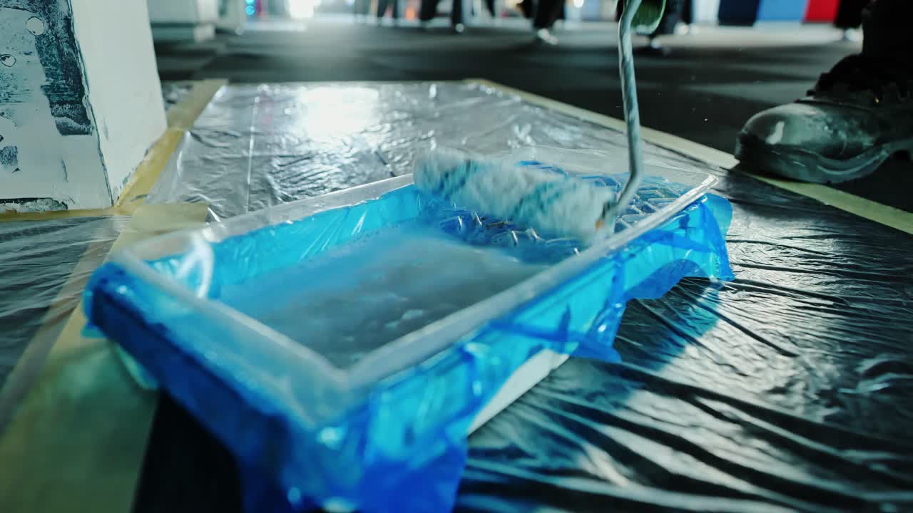Hand dips paint roller into tray filled with primer for smooth wall coating