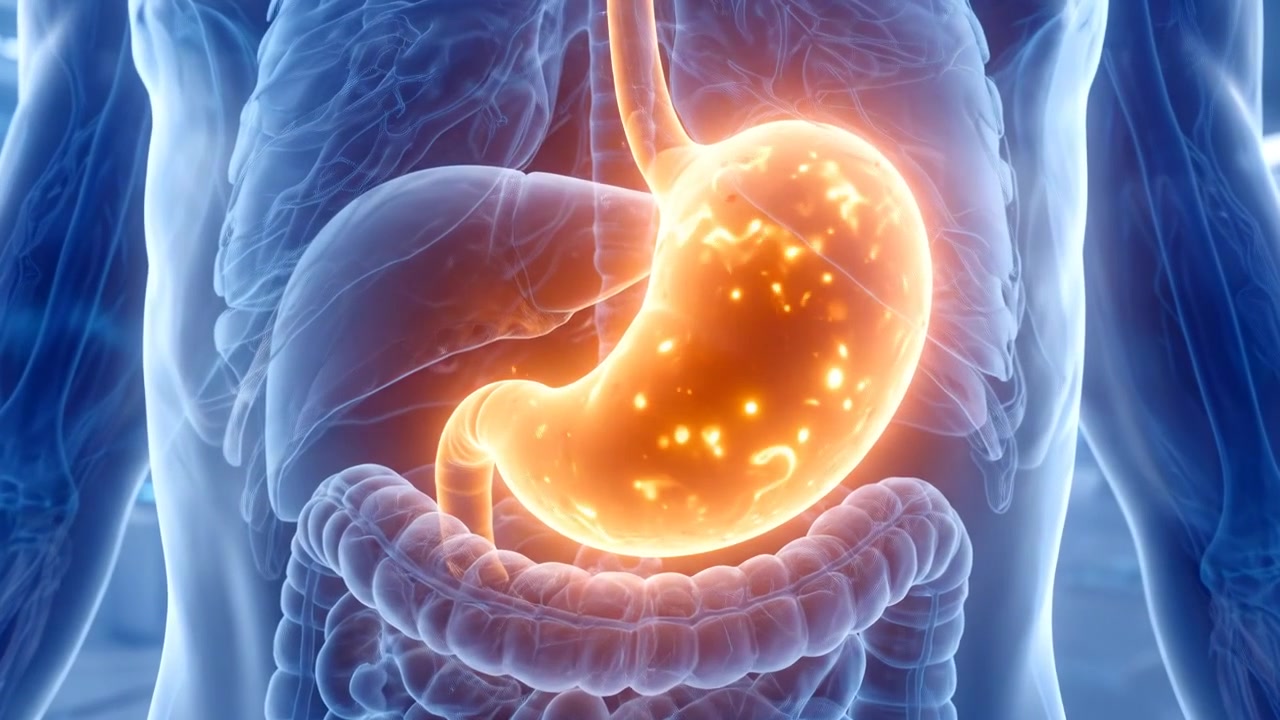 Stomaco umano luminoso evidenziato all'interno di un torso blu trasparente in visualizzazione medica digitale