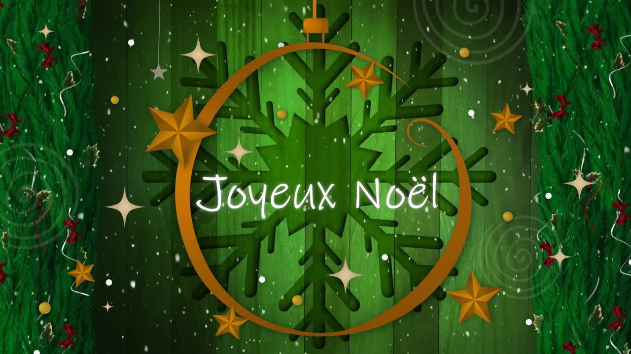 Animation d'un texte Joyeux Noël et d'étoiles tombantes sur des projecteurs sur un fond à motif vert