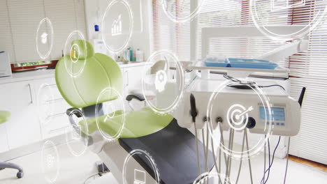 in dental office, green chair with animation overlaying medical equipment