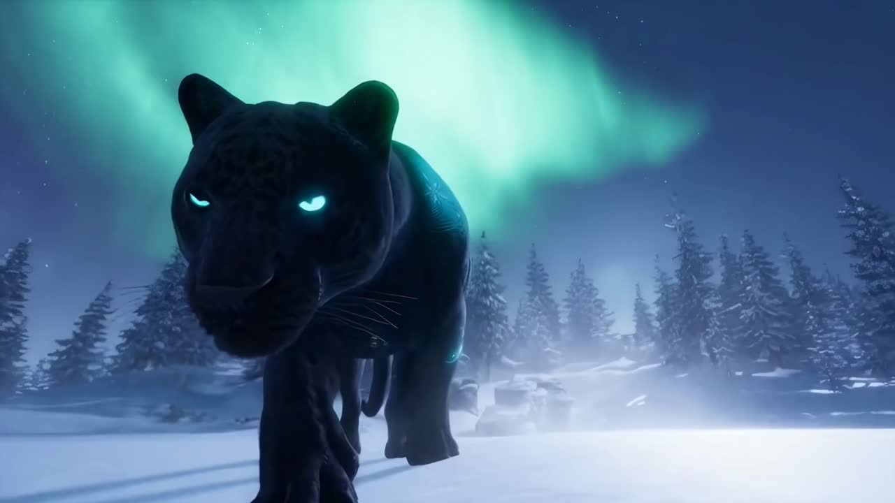 Low-angle video of a mystical panther with glowing eyes in a snowy forest under auroras, Live