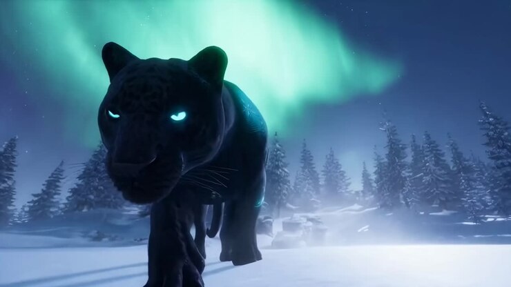 Low-angle video of a mystical panther with glowing eyes in a snowy forest under auroras, Live