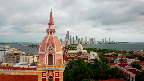 Aerial-drone-view-of-the-old-town-of-Cartagena-de-Indias-in-Colombia