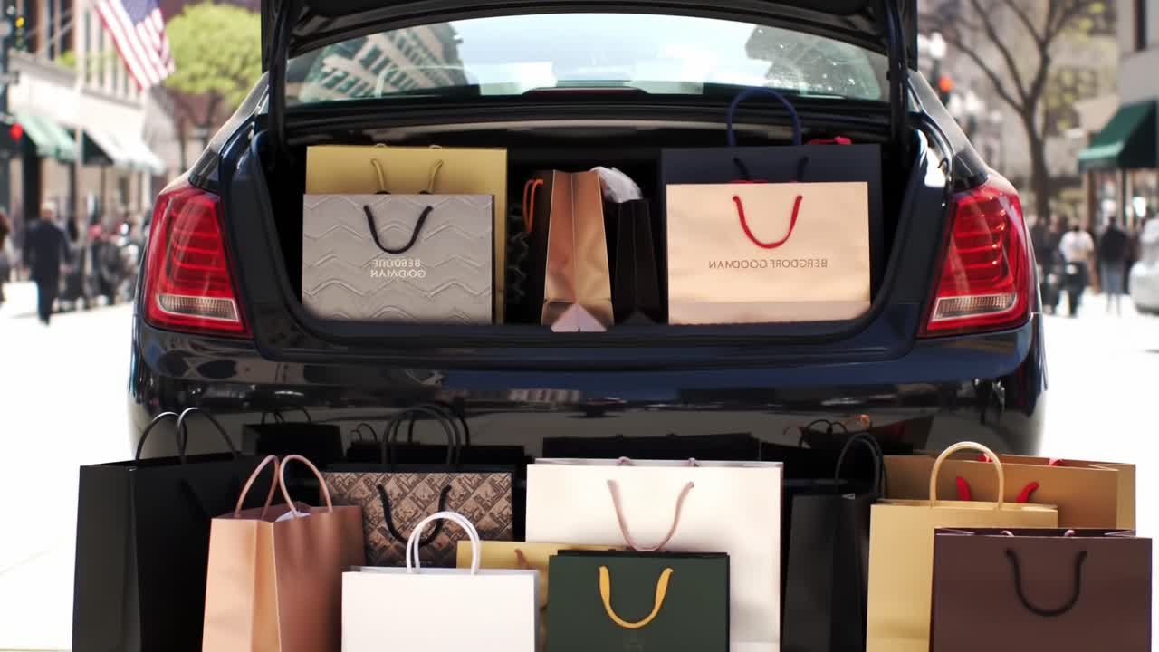 Burgeoning Shopping Haul Displayed in Trunk, Showcasing a Variety of Stylish Bags Ready for Delivery After a Day of Retail Therapy and Indulgent Purchases