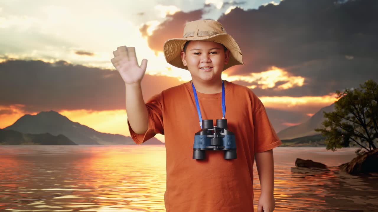 Asian Boy With A Hat And Binoculars Smiling To Camera And Waving Hand At A Lake. Boy Researcher Examines Something, Travel Tourism Adventure Concept