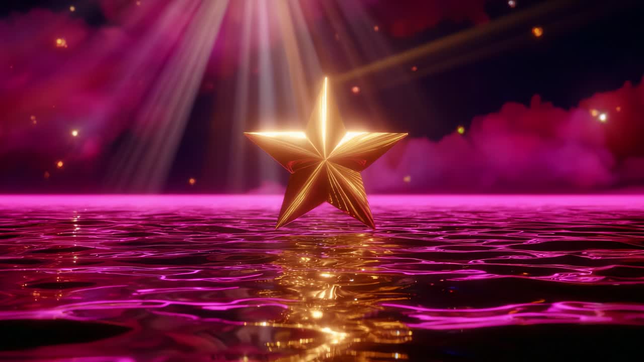A Stunning Golden Star Shining Bright in a Mystical Pink Atmosphere Reflecting on Tranquil Waters Surrounded by Soft Clouds and Bright Rays of Light, Creating an Enchanting and Dreamlike Scene