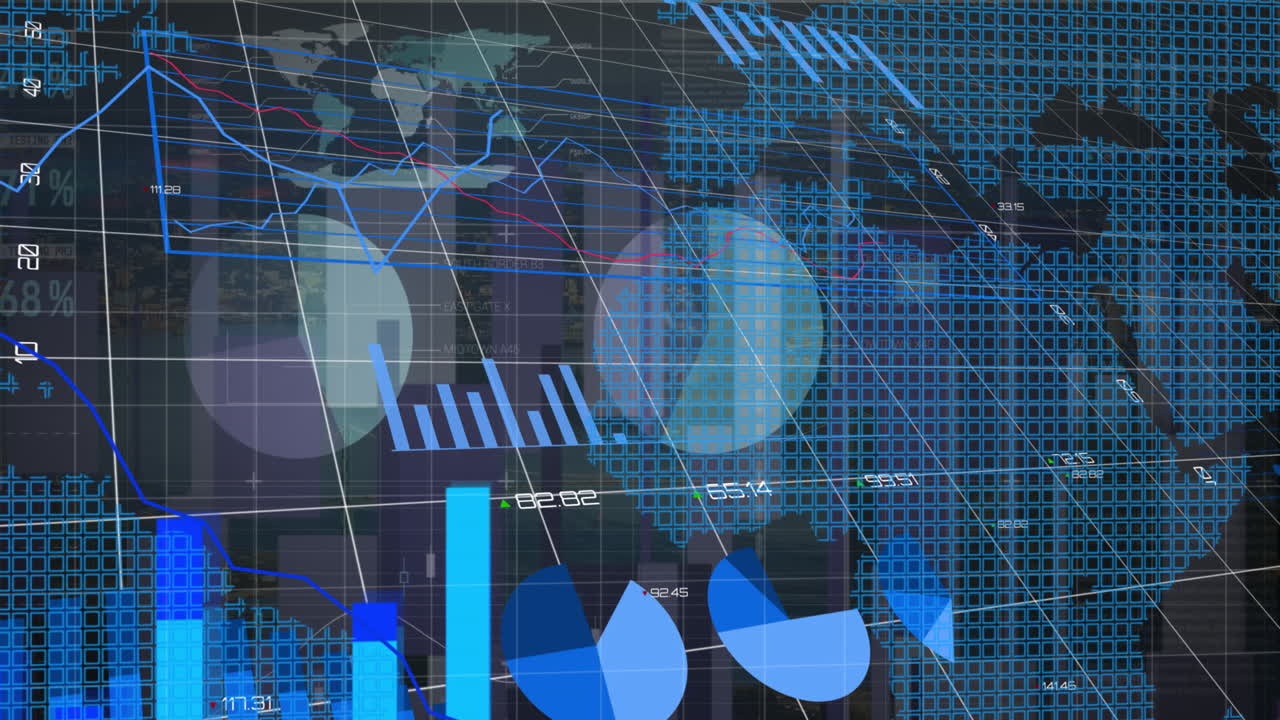 Animation of statistics and financial data processing over world map and grid