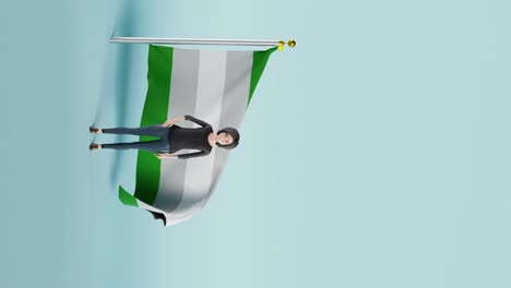 Woman-animation-standing-and-waving-her-hand-in-front-of-the-Graysexual-Flag-in-a-blue-background,-vertical-video