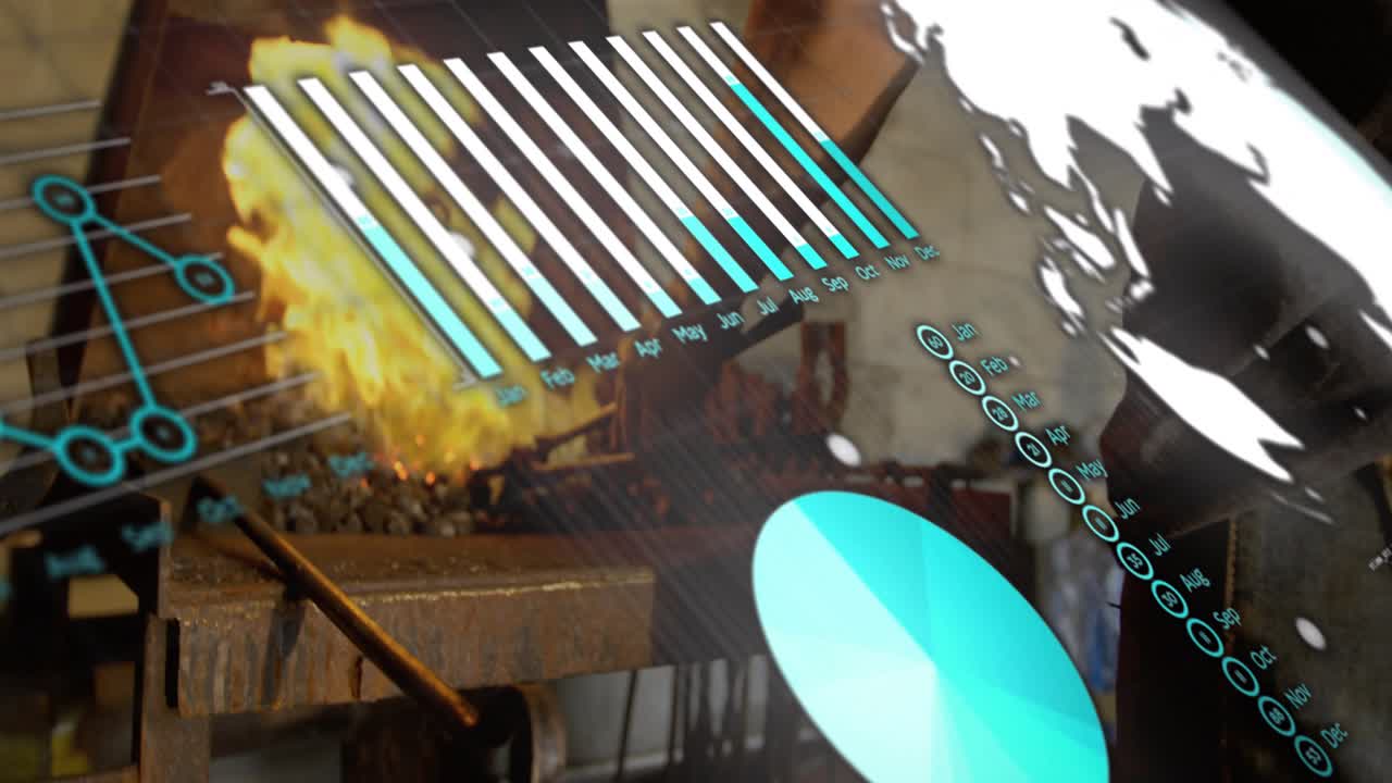 Camera shifting starting data overlays moving while smith forging heated metal showing analytics