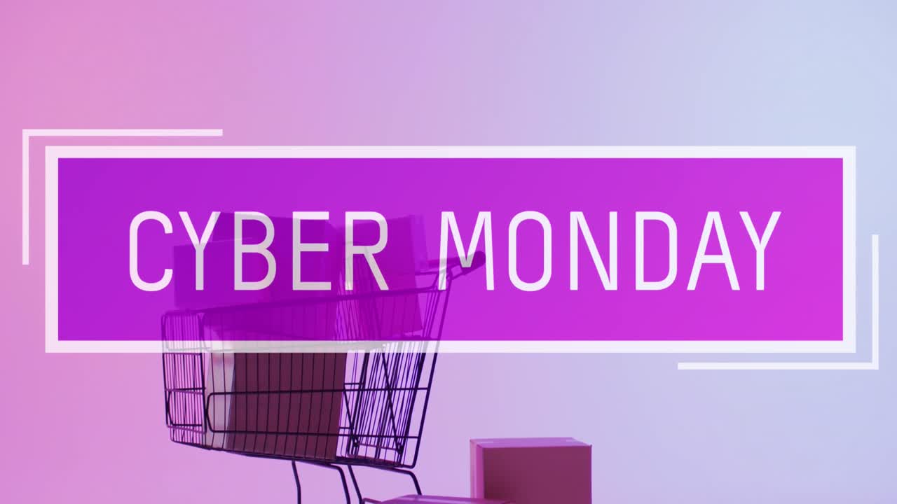 animación del texto del lunes cibernético sobre el carrito de compras con cajas de regalos