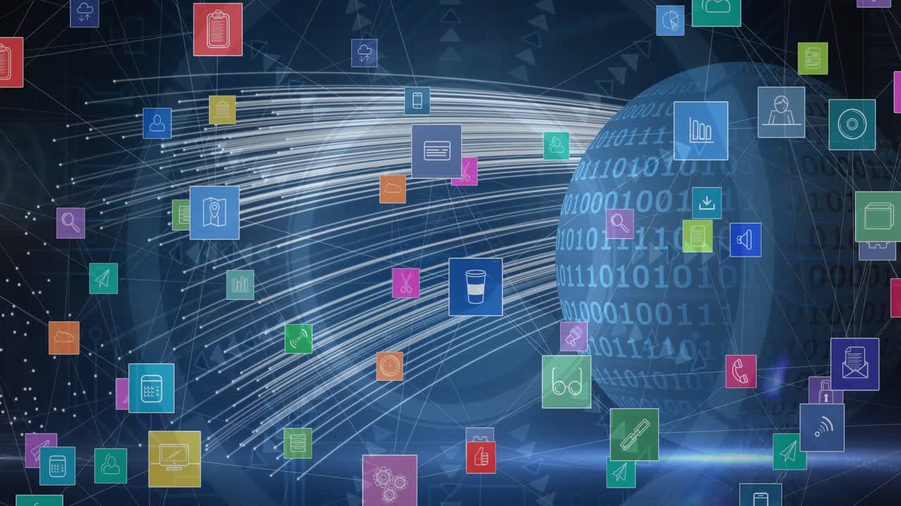 지구상에서 바이너리 코딩에 대해 떠다니는 여러 디지털 아이콘의 디지털 애니메이션