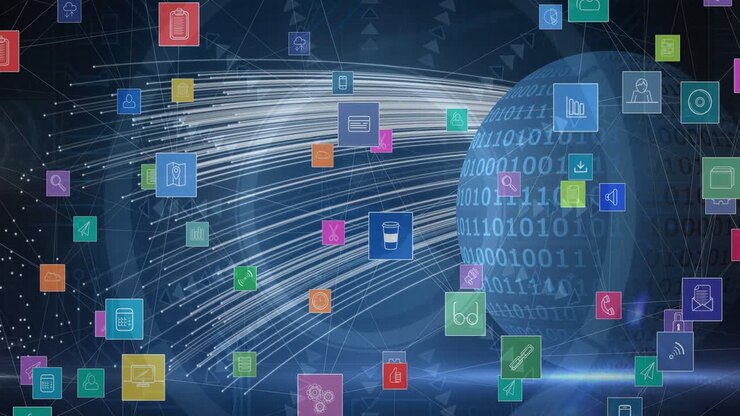 Digital animation of multiple digital icons floating against binary coding on globe