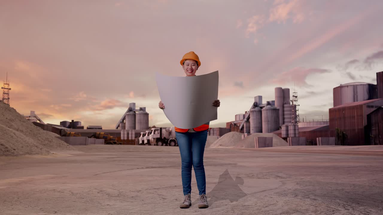 Ingeniera asiática de cuerpo entero con casco de seguridad mirando un plano en sus manos mientras está de pie en una planta de cemento industrial con camiones hormigonera al atardecer