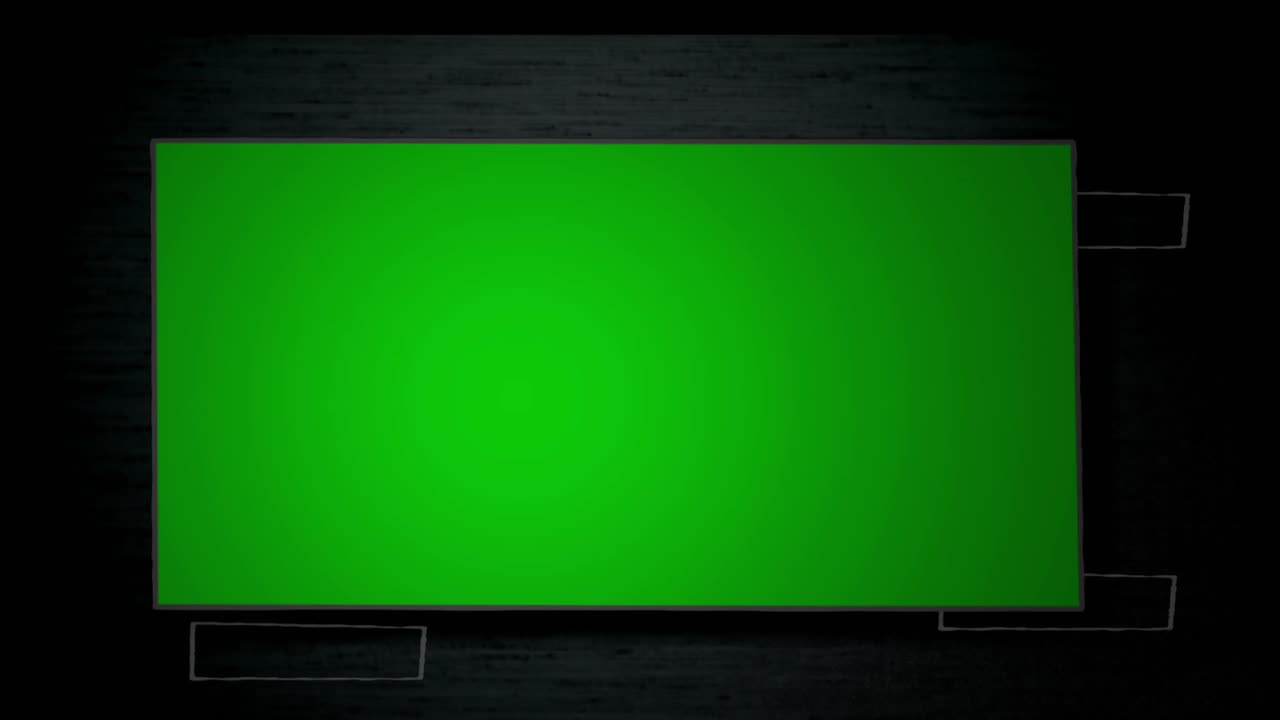 녹색 빈 화면을 가리키는 화살표로 원을 이루는 소셜 네트워크 텍스트의 애니메이션.