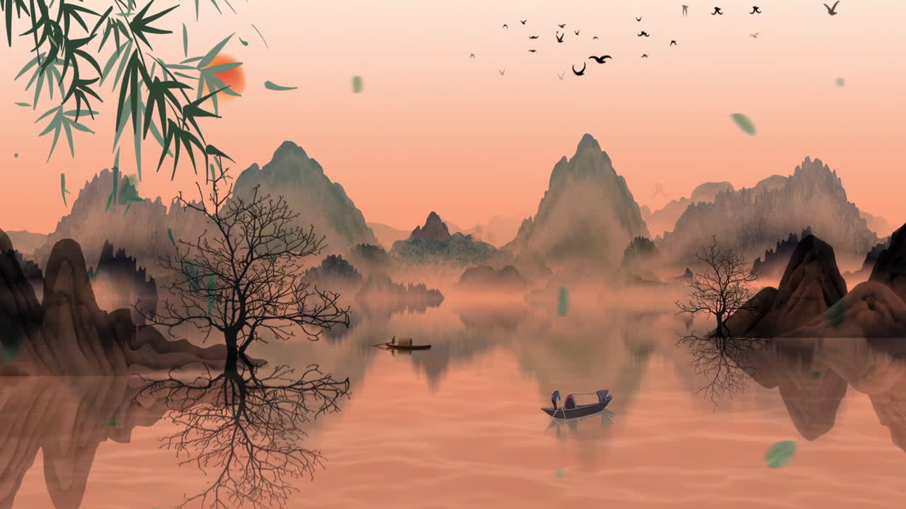 Paesaggio fantastico dall'atmosfera luminosa con un bellissimo cielo mattutino, montagne, fiori, un lago e una casa antica, con una semplice animazione in stile acquerello anime giapponese e cinese.