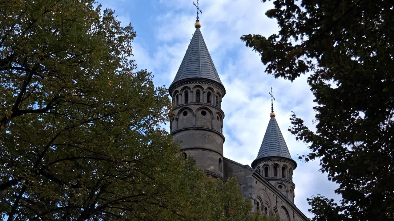 A detailed view of the exterior of the Basilica of Saint Servatius (Sint-Servaasbasiliek) in Maastricht, Netherlands