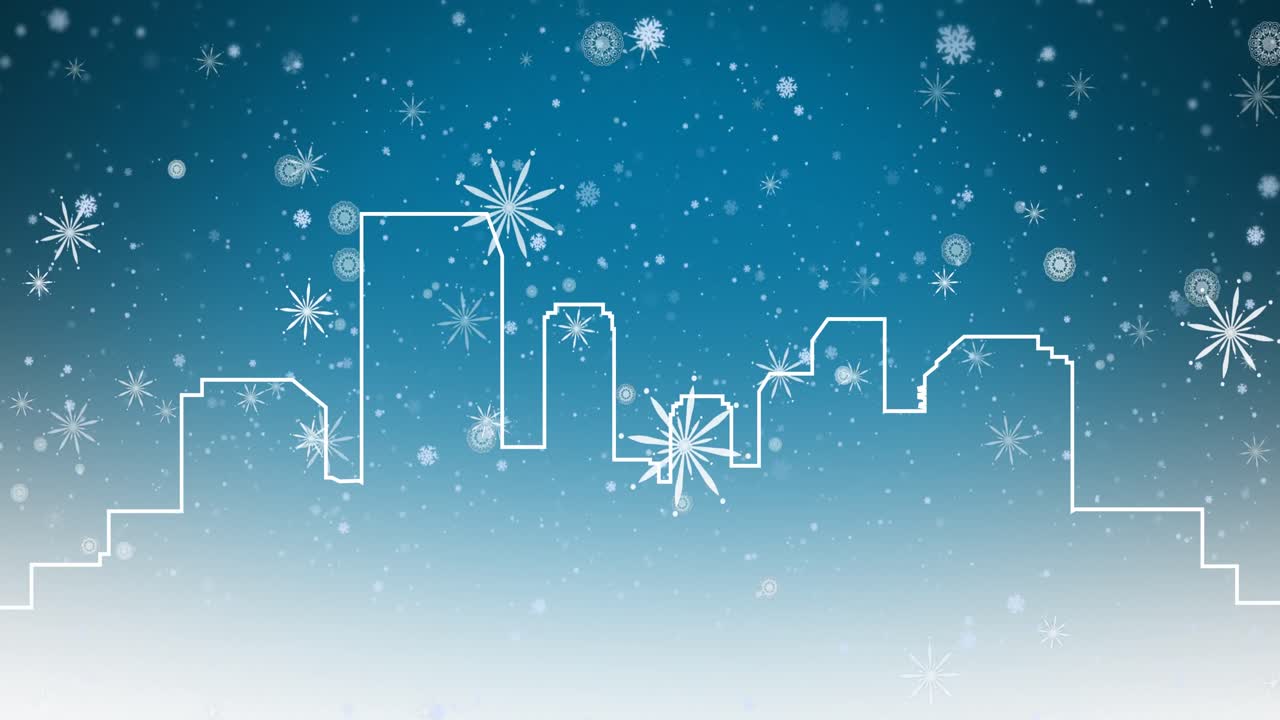 파란색 배경과 색 도시 풍경에 하 크리스마스 눈송이가 떨어지는 애니메이션.