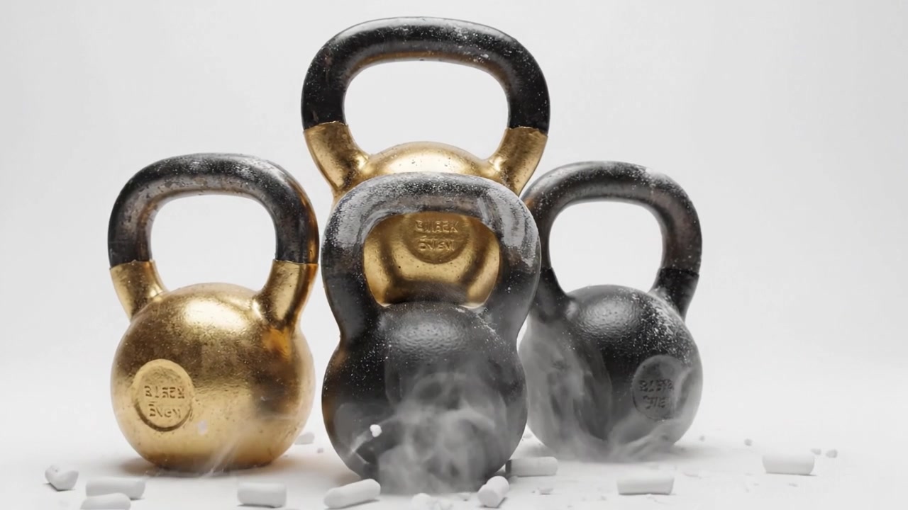 Una Exhibición Dinámica de Pesas Rusas que Muestra Diferentes Pesos y Texturas para Entrenamiento Físico y Acondicionamiento de Fuerza en un Entorno Minimalista