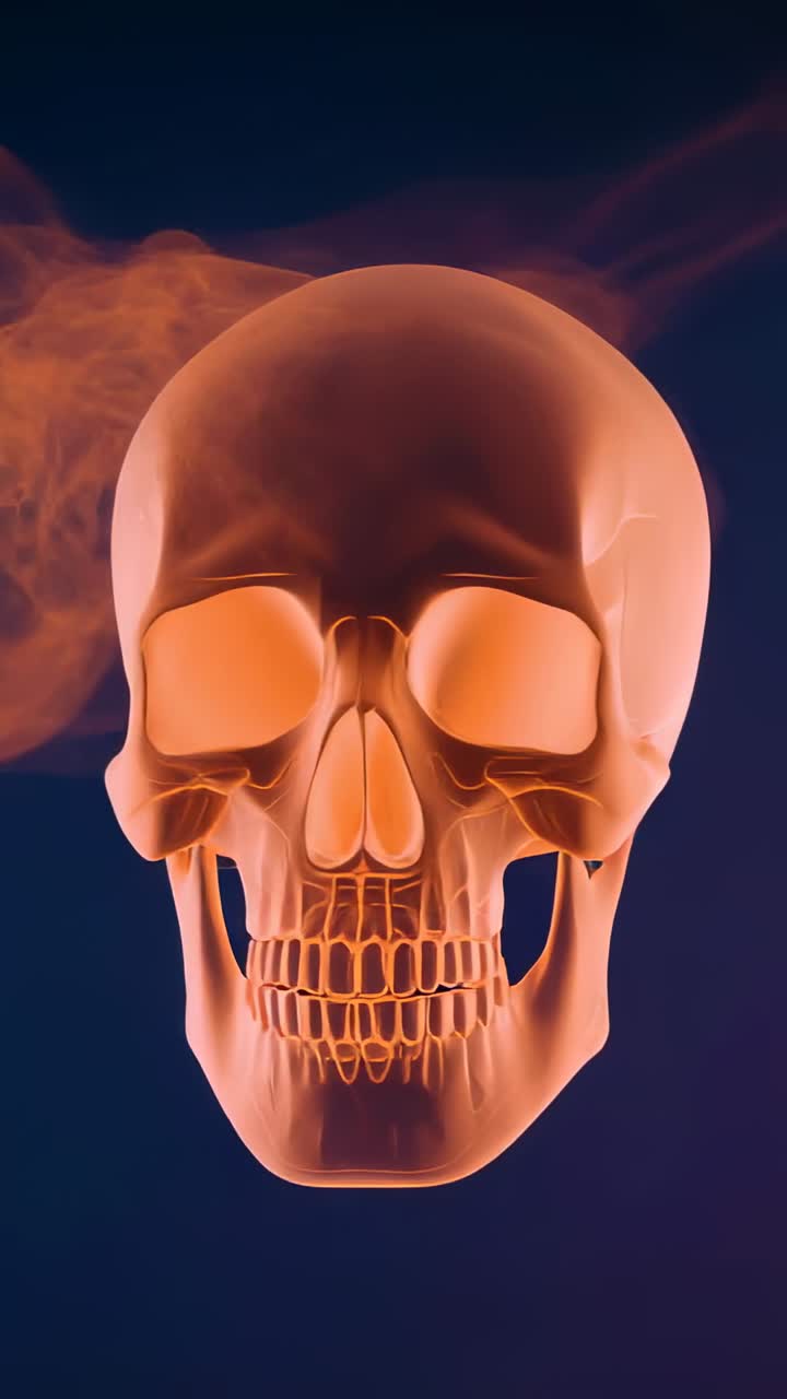 Vertical video: Rotating glowing orange 3D skull showing jawline and teeth in dark void, with smoke