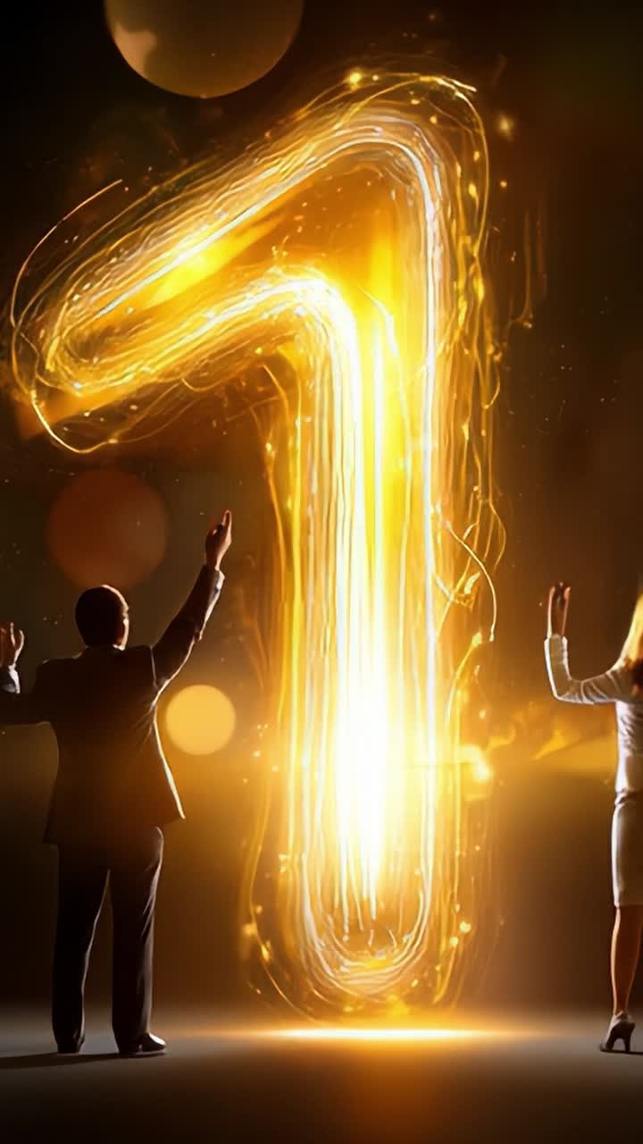 Dynamic Digital Display of Transforming Numbers Shining in Gold Light with Two Figures Celebrating, Symbolizing Excitement and Milestone Achievements Ahead