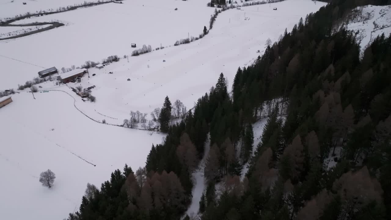 Ripresa aerea che rivela una pista da corsa innevata in una valle remota vicino a una foresta scura