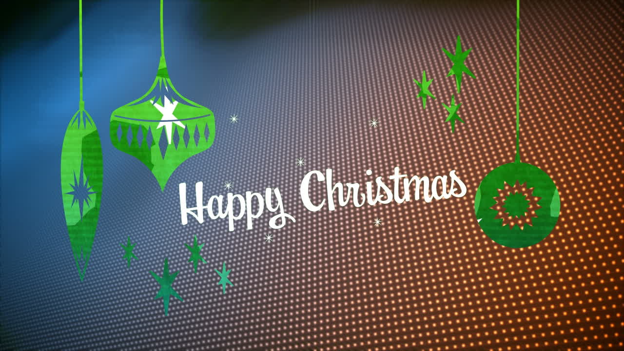 animación de texto de feliz navidad y decoraciones sobre un fondo colorido