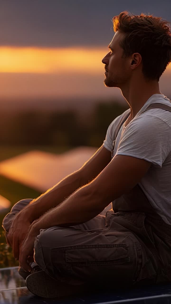 A Tranquil Moment of Reflection: A Young Man Meditating at Sunset on a Farm, Embracing Nature's Beauty Amidst Expansive Fields and a Stunning Sky Transition
