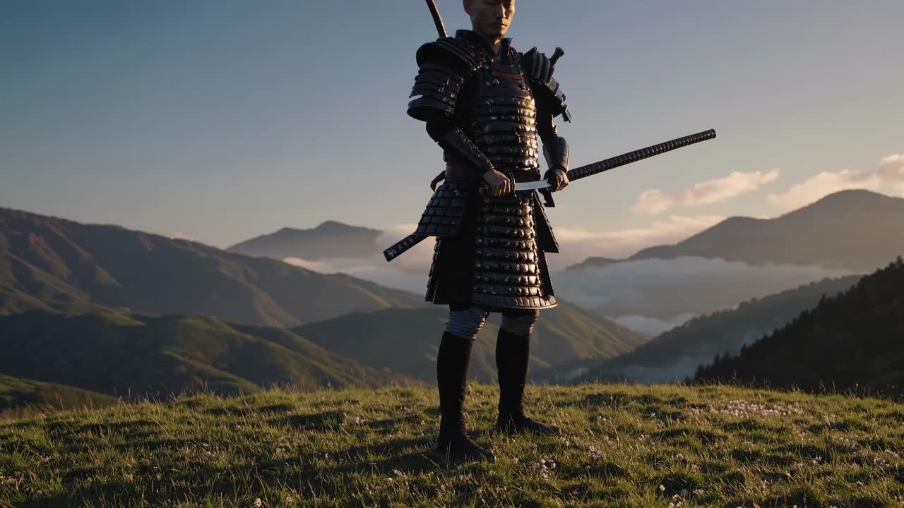A samurai in traditional armor stands on a hilltop at sunset, captured from a low-angle, cinematic