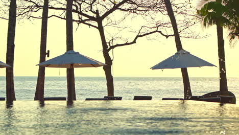 Infinity-pool-and-lounge-area-with-multiple-Umbrellas-and-deck-chairs-on-sunset-Handheld