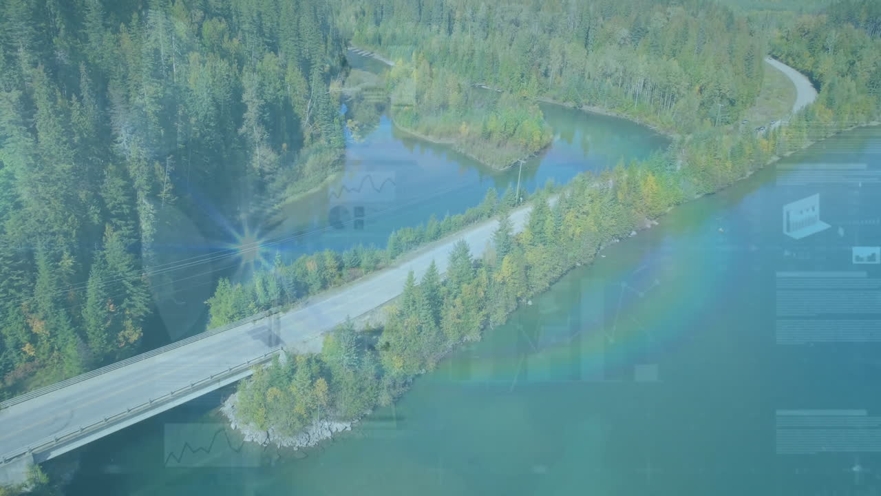 Financial data processing animation overlaying forest landscape with road and river