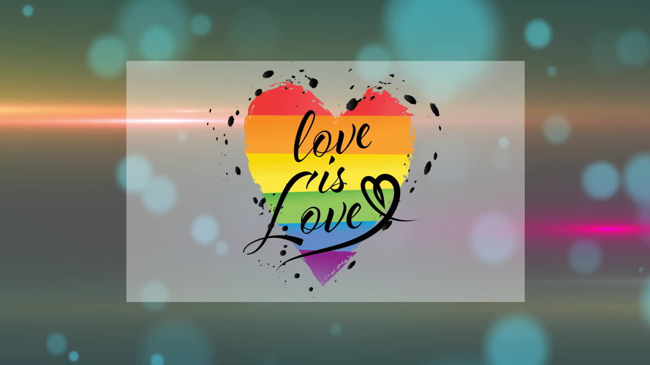 사랑의 애니메이션은 추상적인 배경에 대한 렌즈 플레어와 함께 무지개 색의 심장의 사랑 텍스트입니다.