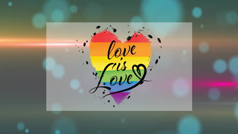 animation of love is love text in rainbow colored heart with lens flares against abstract background