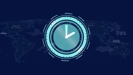 Animation-of-neon-ticking-clock-over-world-map-and-data-processing-against-blue-background