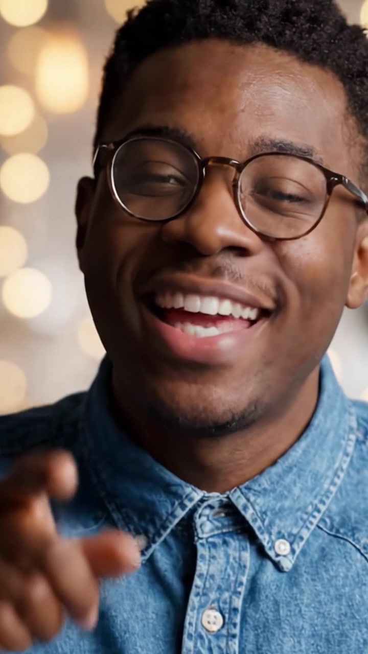 A Young Man in a Denim Shirt Smiling Brightly Against a Blurred Light Background, Capturing a Joyful Moment in an Intimate Setting