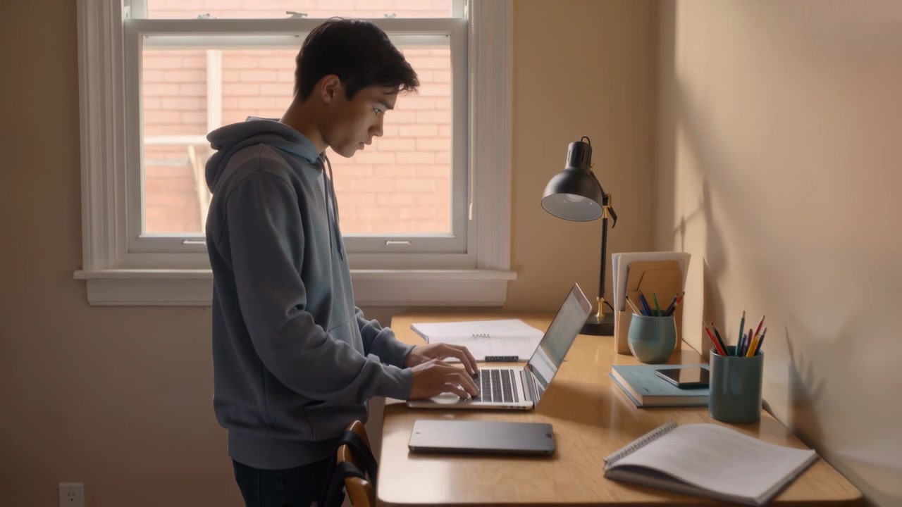 Standing teenage student in hoodie typing, studying at wooden desk by window with laptop and papers