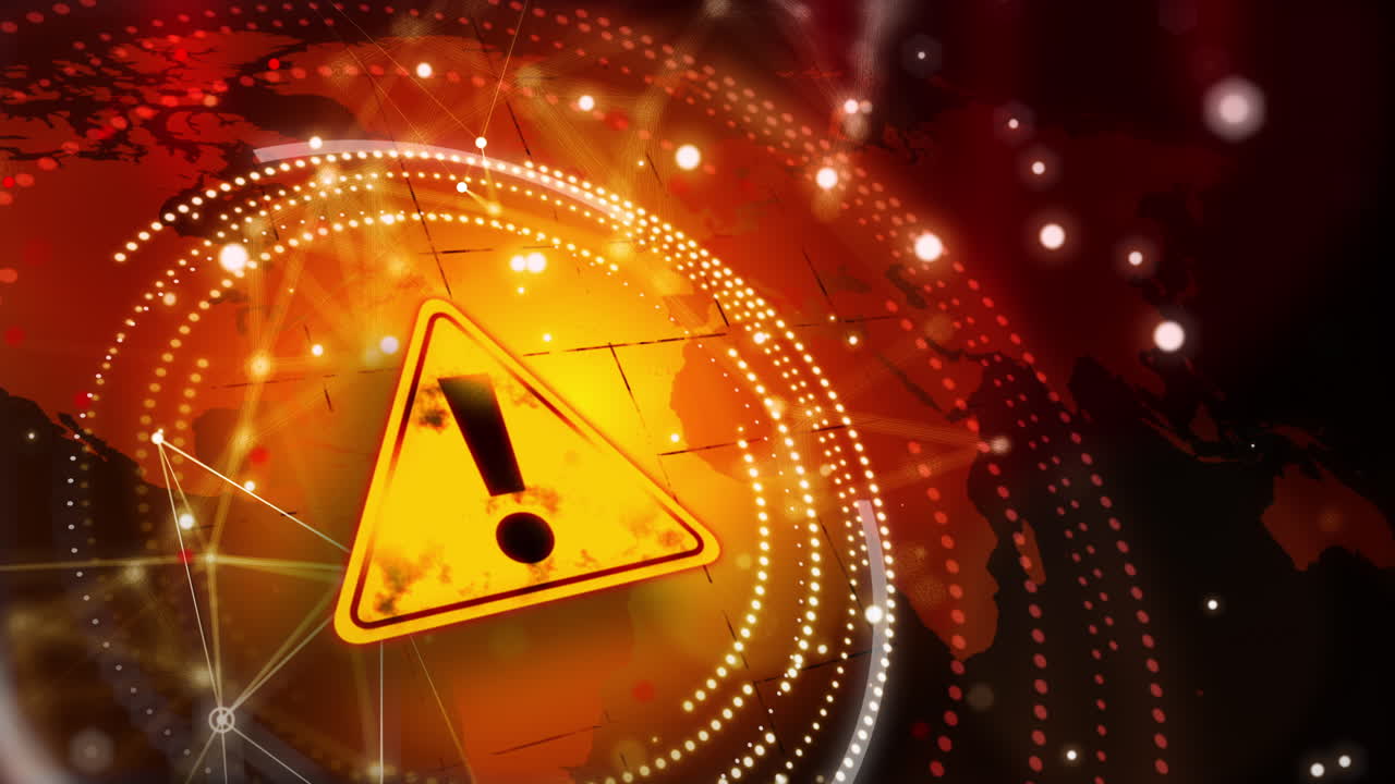 Yellow triangular sign with warning exclamation mark. Grunge abstract background with world map and circles from dots. Looped motion graphics.